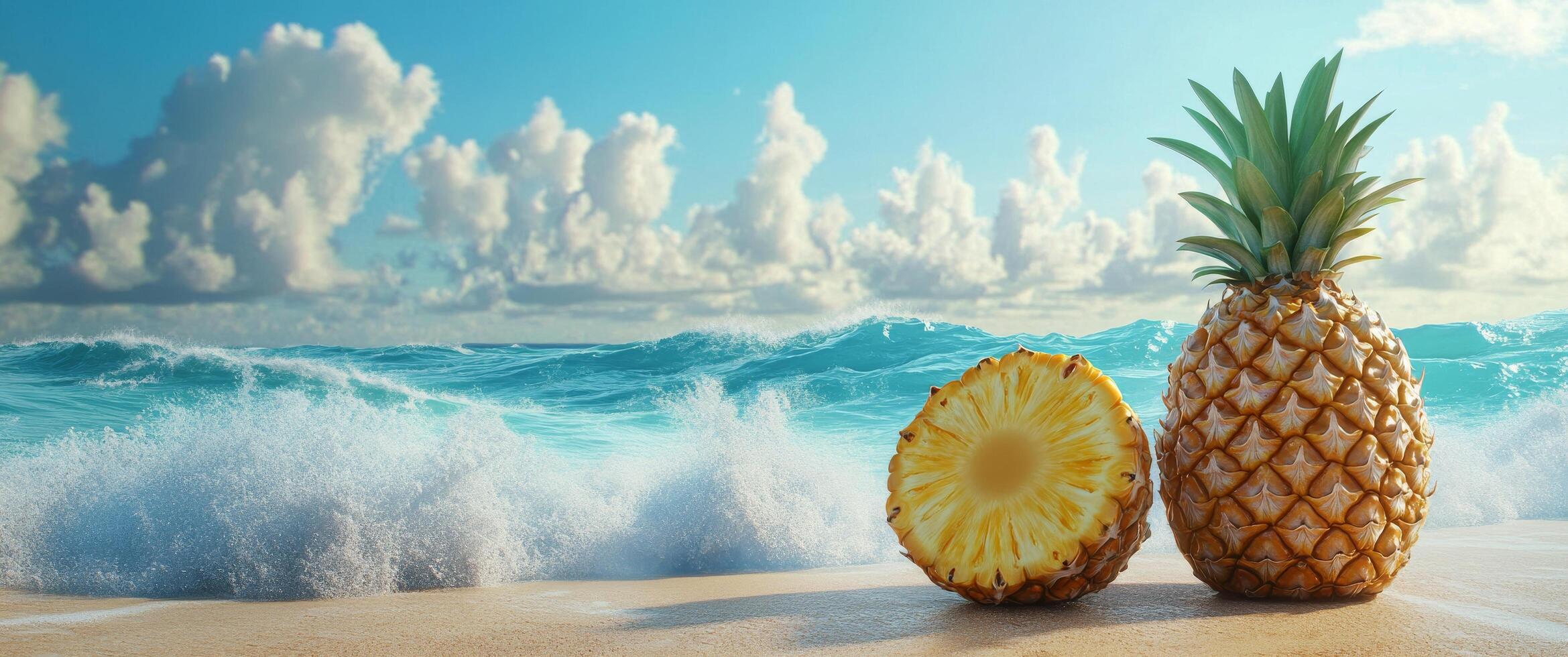 Pineapple on the beach with waves and sky photo