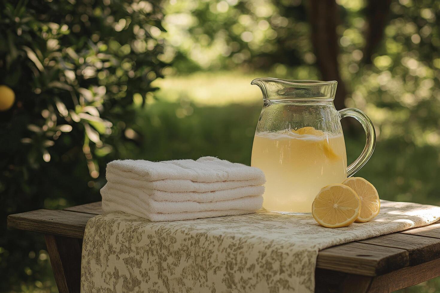 A pitcher of lemonade and towels on a table photo