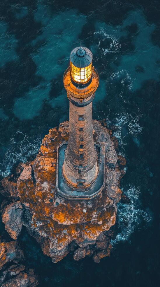 An aerial view of a lighthouse on a rocky island photo