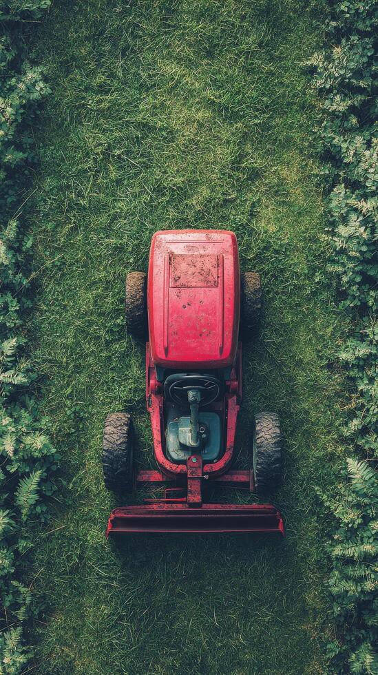 An aerial view of a red tractor in the middle of a green field photo