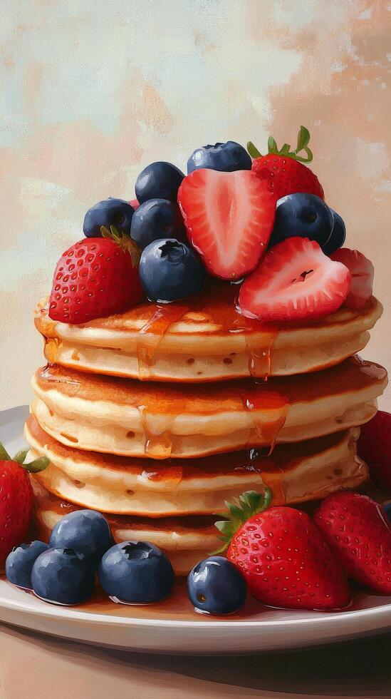 A painting of a stack of pancakes with berries and syrup photo