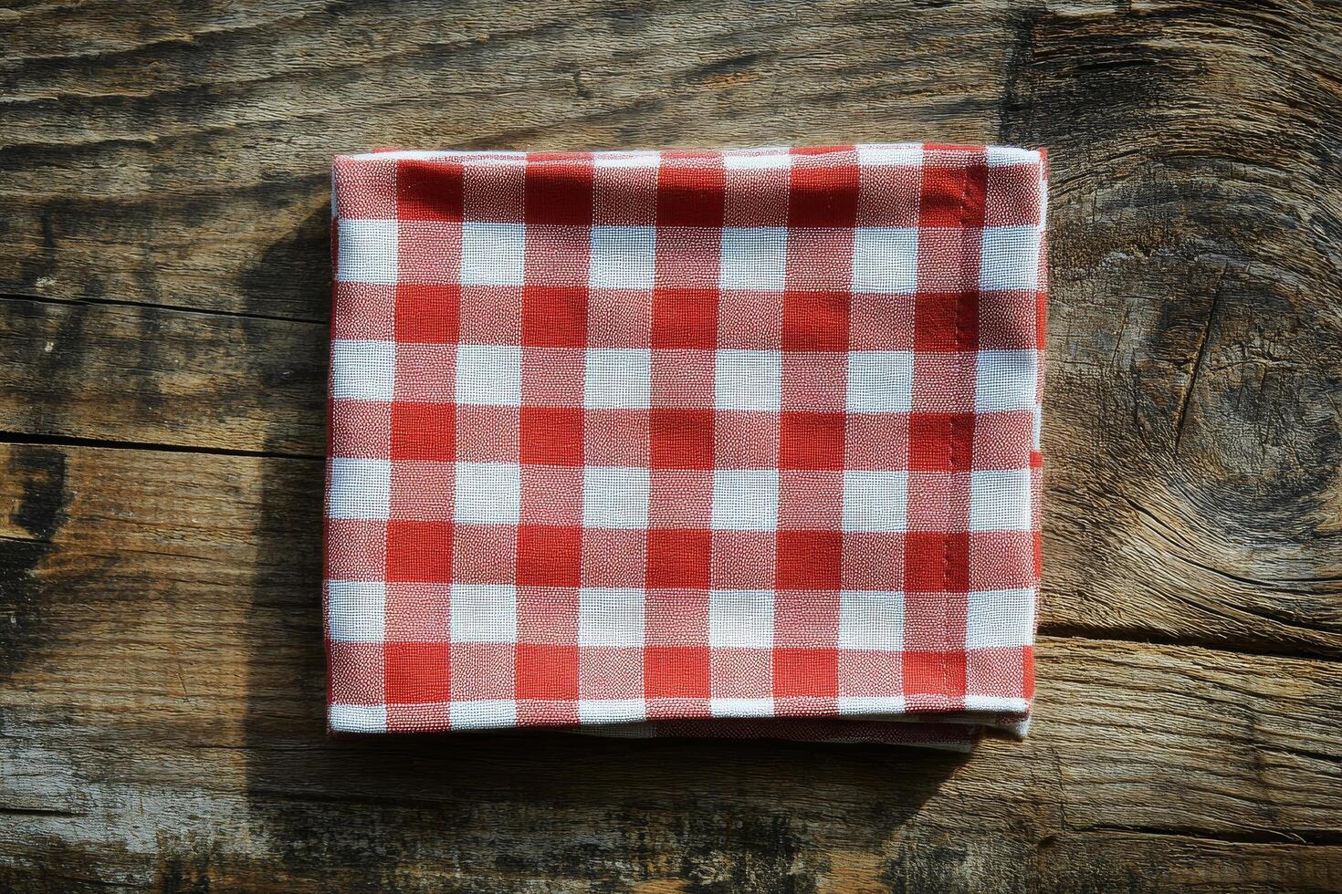 A red and white checkered napkin on a wooden table photo
