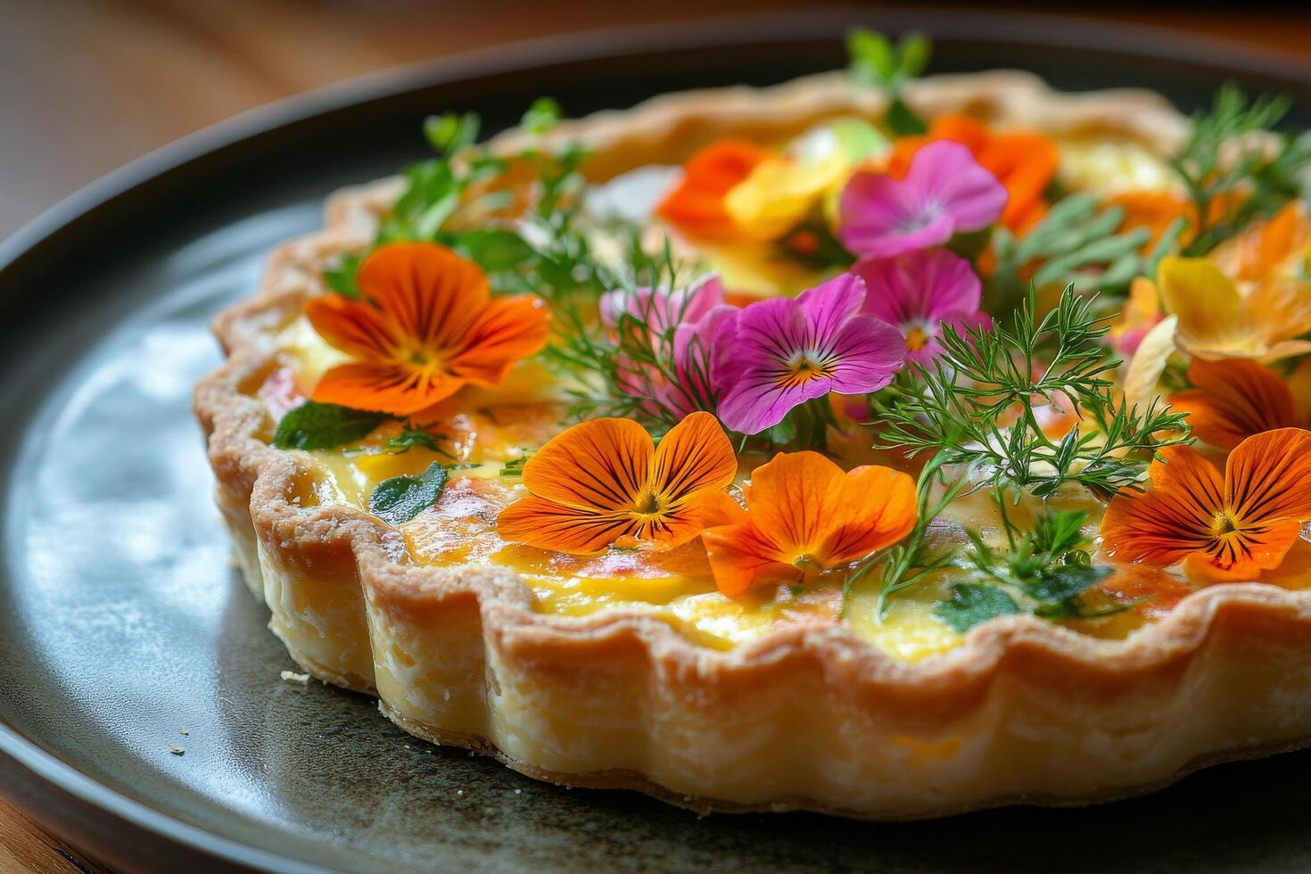 A plate with a quiche with flowers on it photo