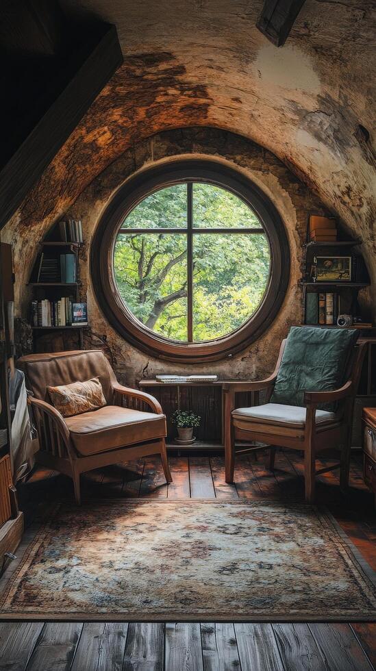 A room with a round window and two chairs photo