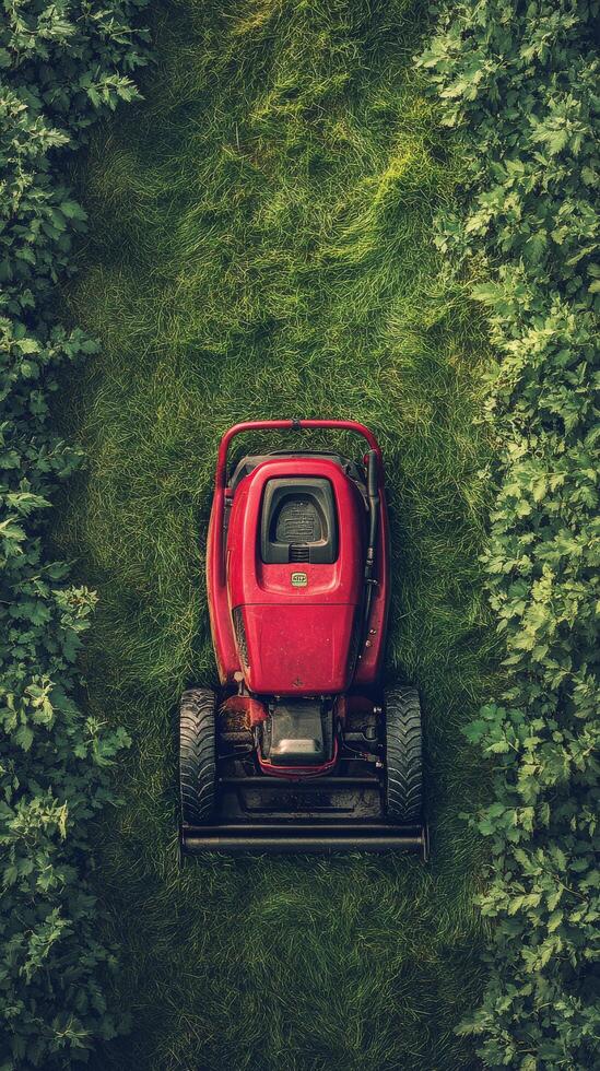 A red lawn mower is seen in the middle of a green field photo