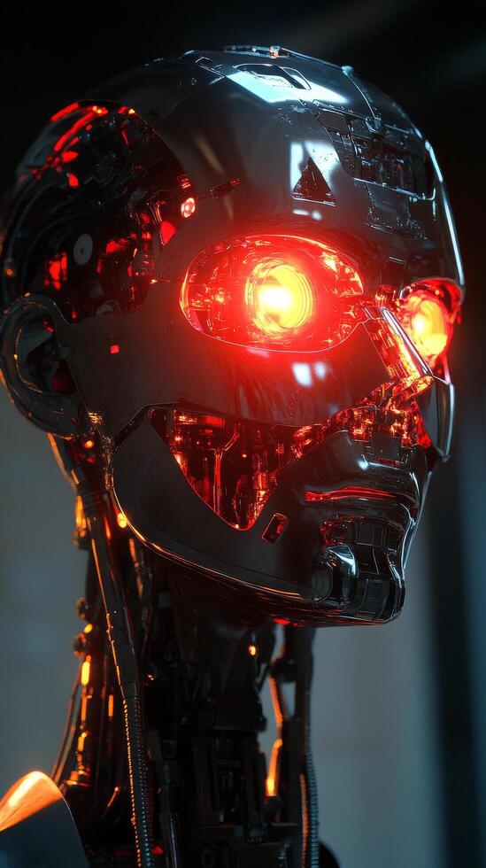 A robot with glowing red eyes photo