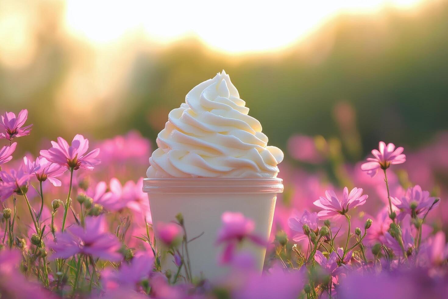 A cup of ice cream sitting in a field of flowers photo