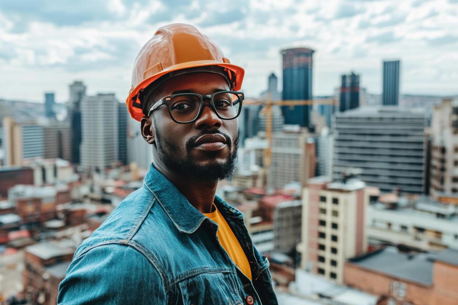 A black man wearing an orange hard hat and glasses photo