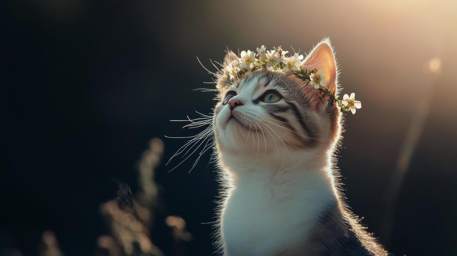 A cat wearing a flower crown in the sun photo