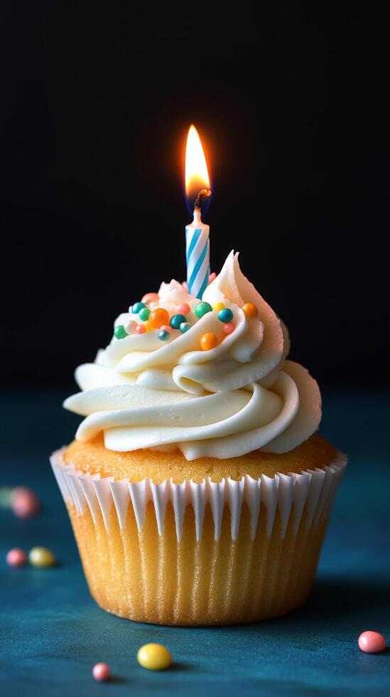 A cupcake with a lit candle on top photo