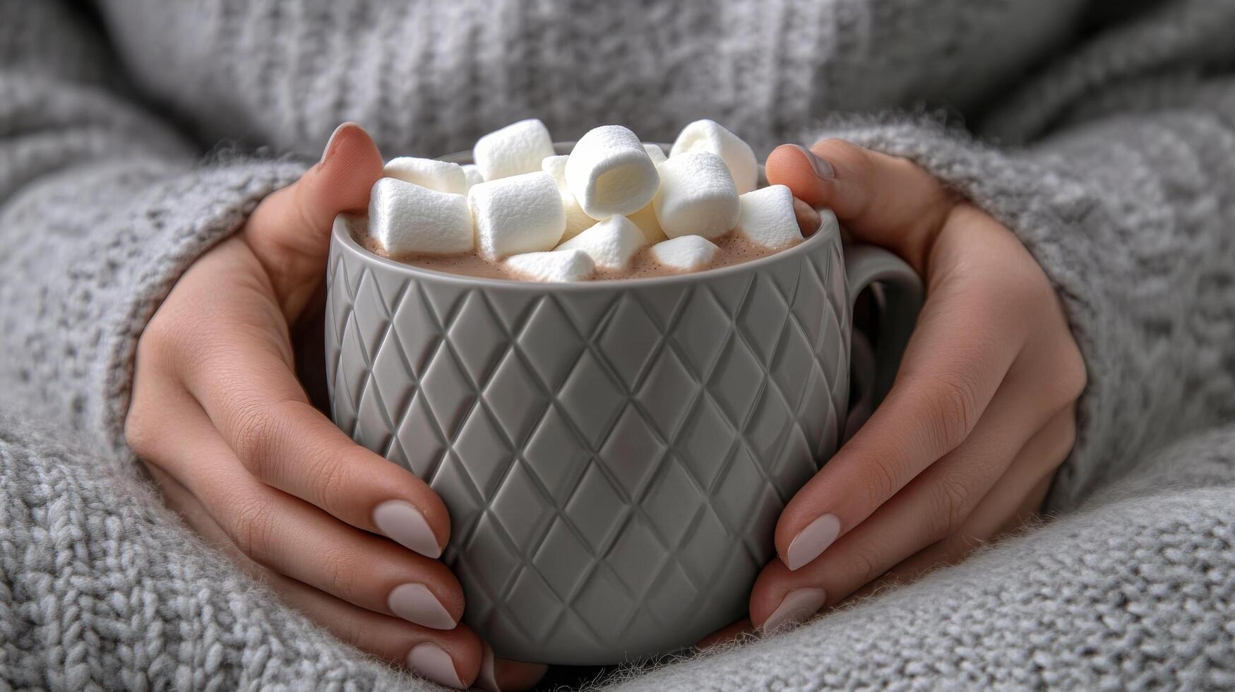 A woman holding a mug of hot chocolate with marshmallows photo