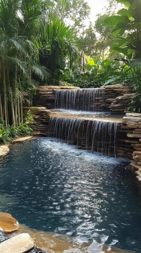 A waterfall in a tropical garden with a pool photo