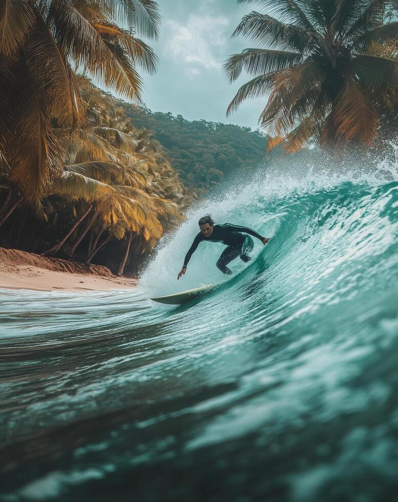 A surfer riding a wave in the ocean photo