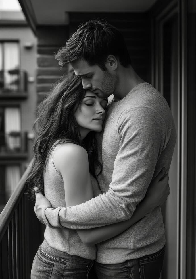A black and white photo of a couple embracing