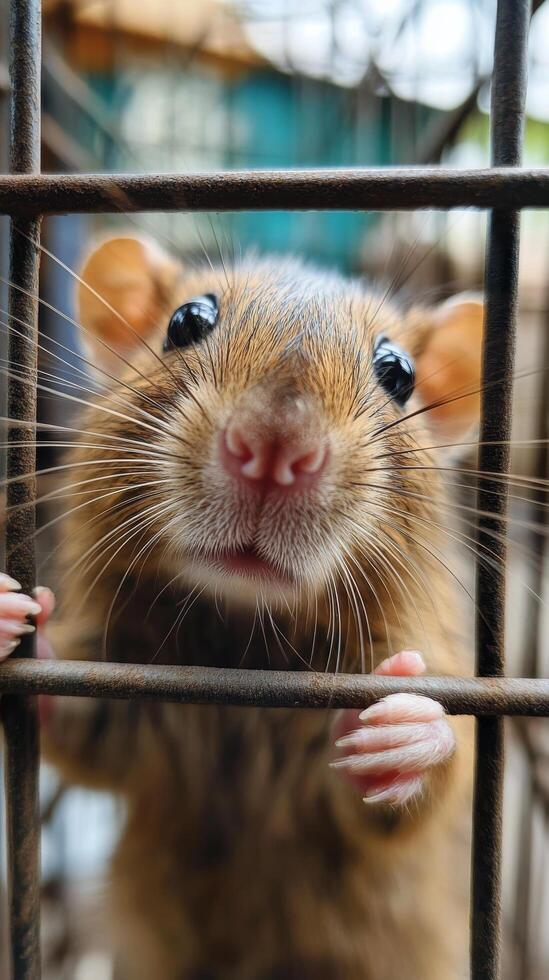 A brown rat is looking out from behind a cage photo