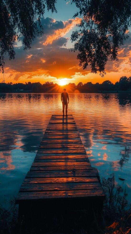 A man standing on a dock at sunset photo