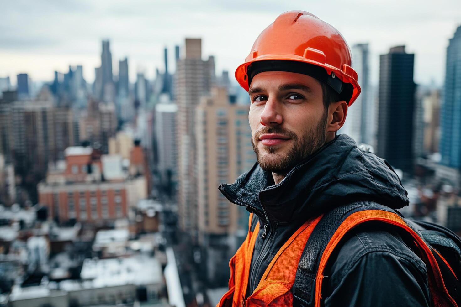 A man in an orange hard hat and safety vest standing in front of a cityscape photo