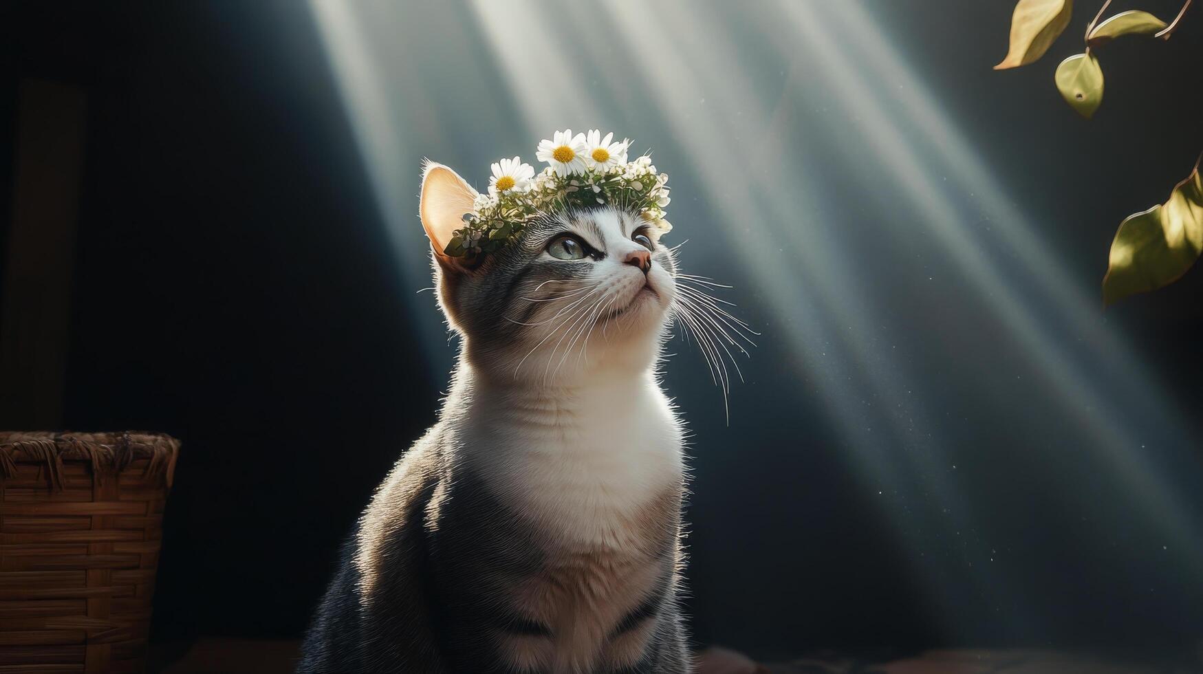 A cat wearing a flower crown sits in the sun photo