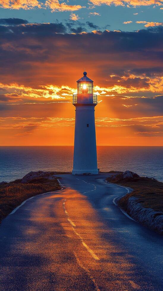 A road leading to a lighthouse at sunset photo