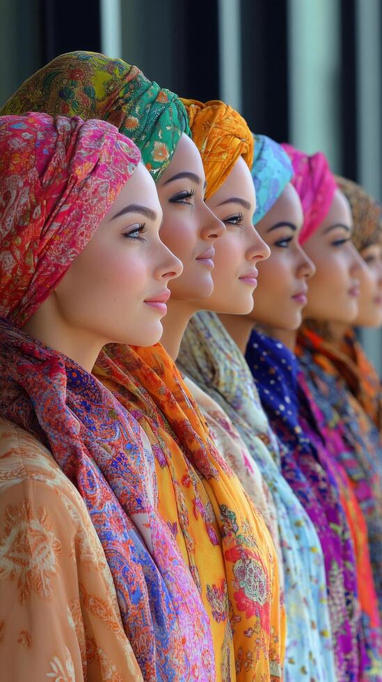A row of women wearing colorful headscarves photo