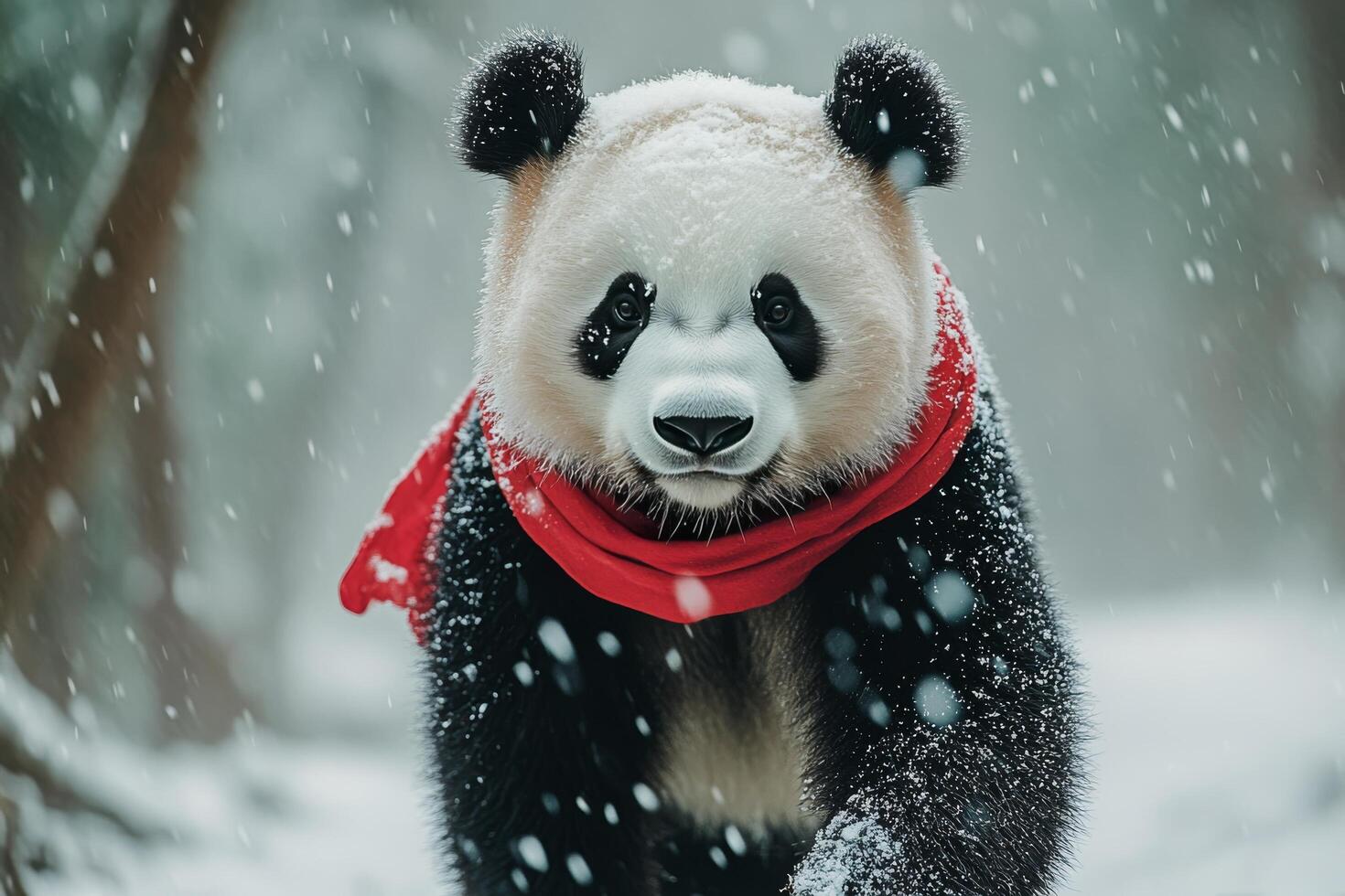 A panda bear wearing a red scarf walking in the snow photo