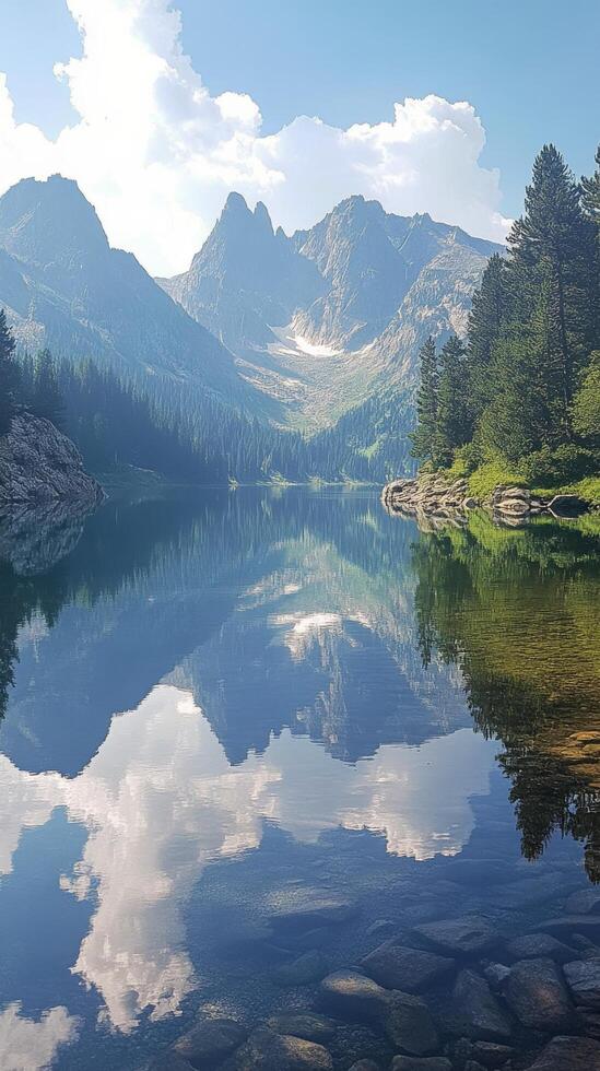 A lake surrounded by mountains and trees photo