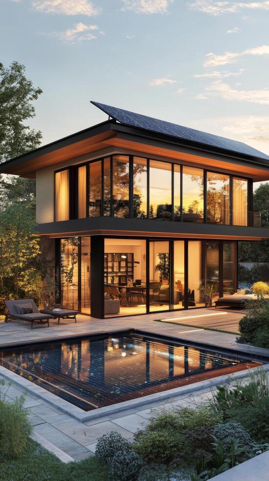 A modern home with a pool and a glass wall photo
