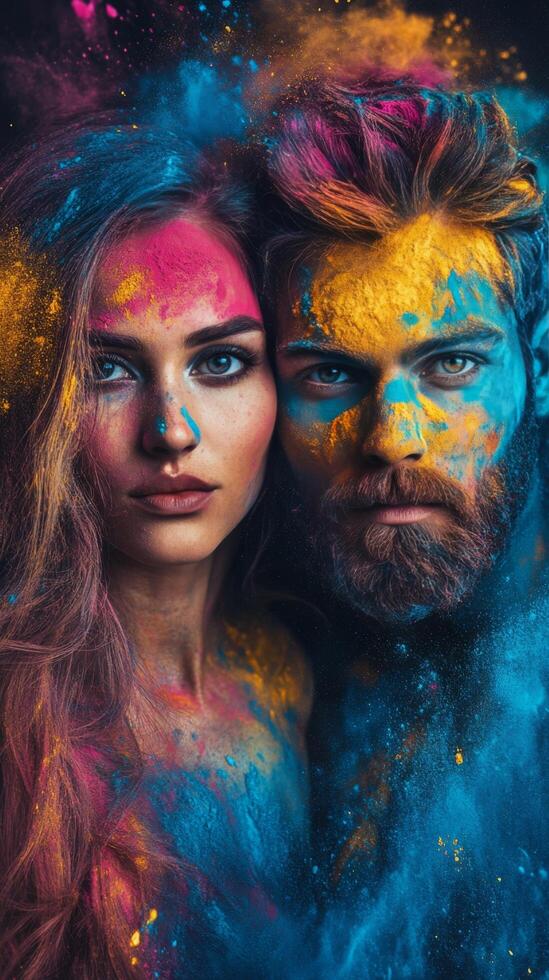 A man and woman with colorful paint on their faces photo