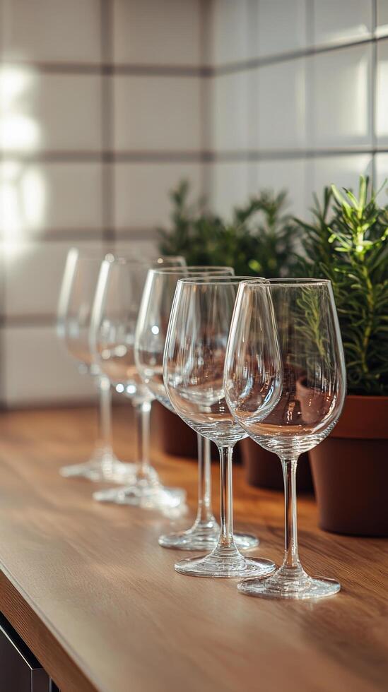 A row of wine glasses on a counter photo