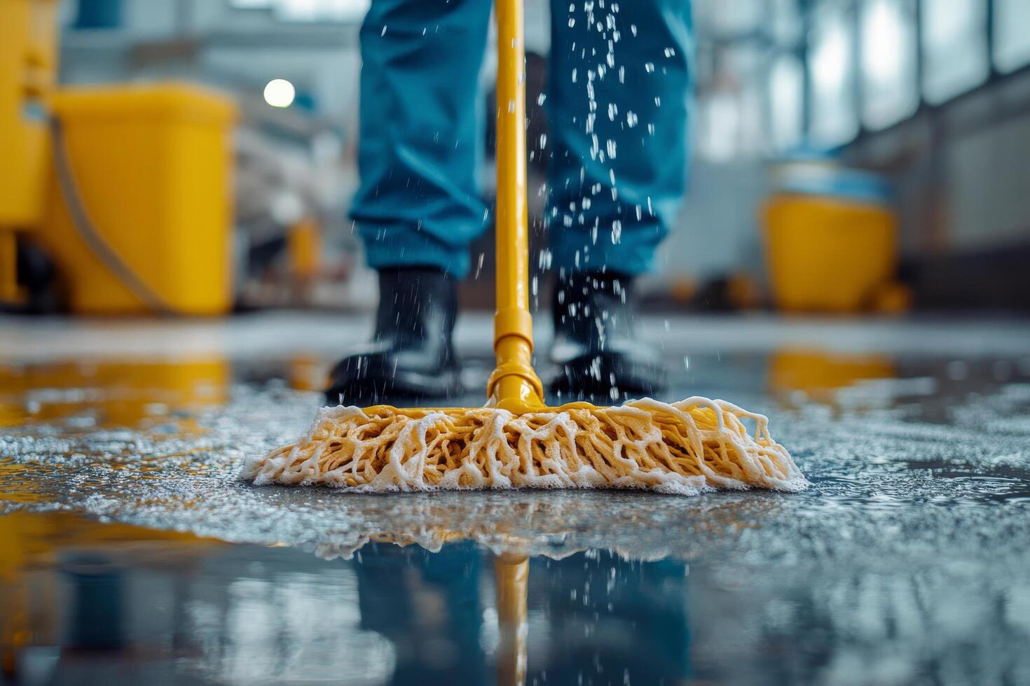 A person is cleaning a floor with a mop photo