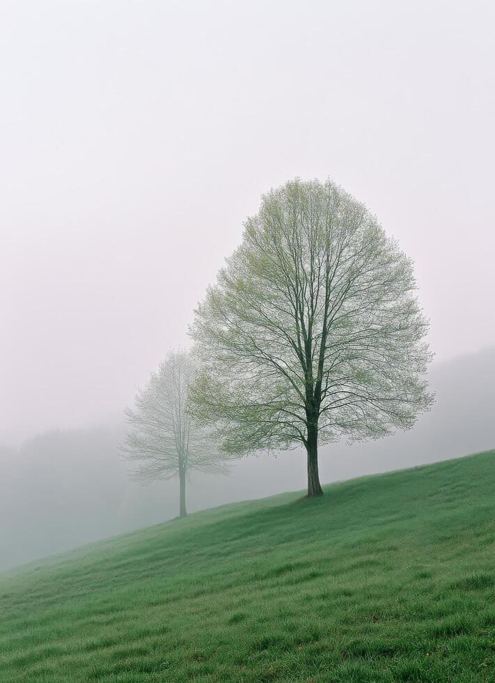 Two trees stand in a foggy field photo