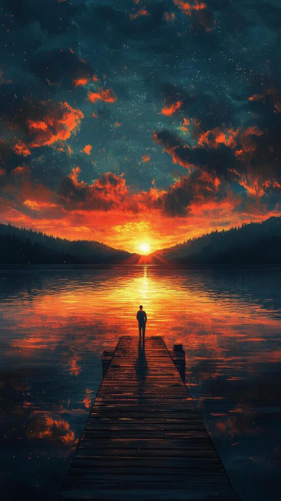 A man standing on a dock at sunset photo