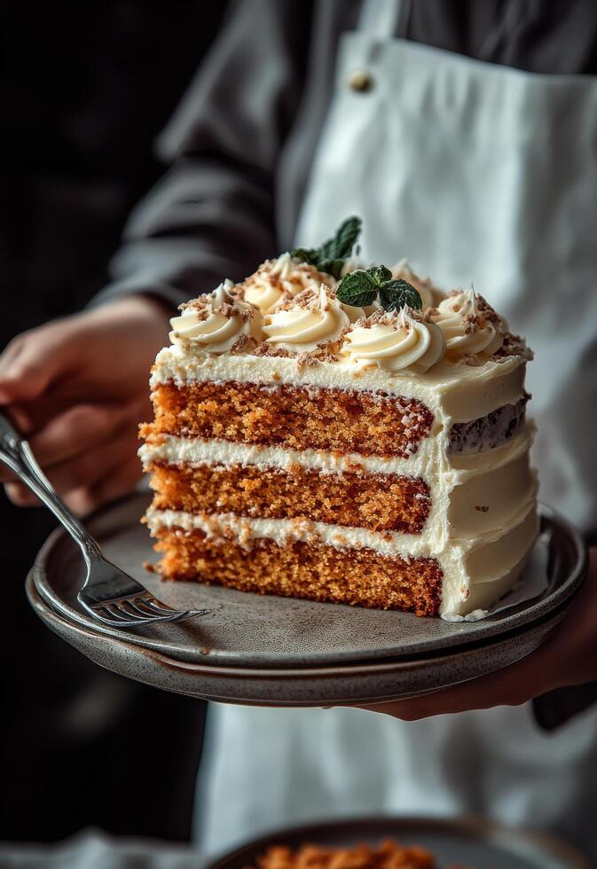 A person holding a piece of carrot cake on a plate photo