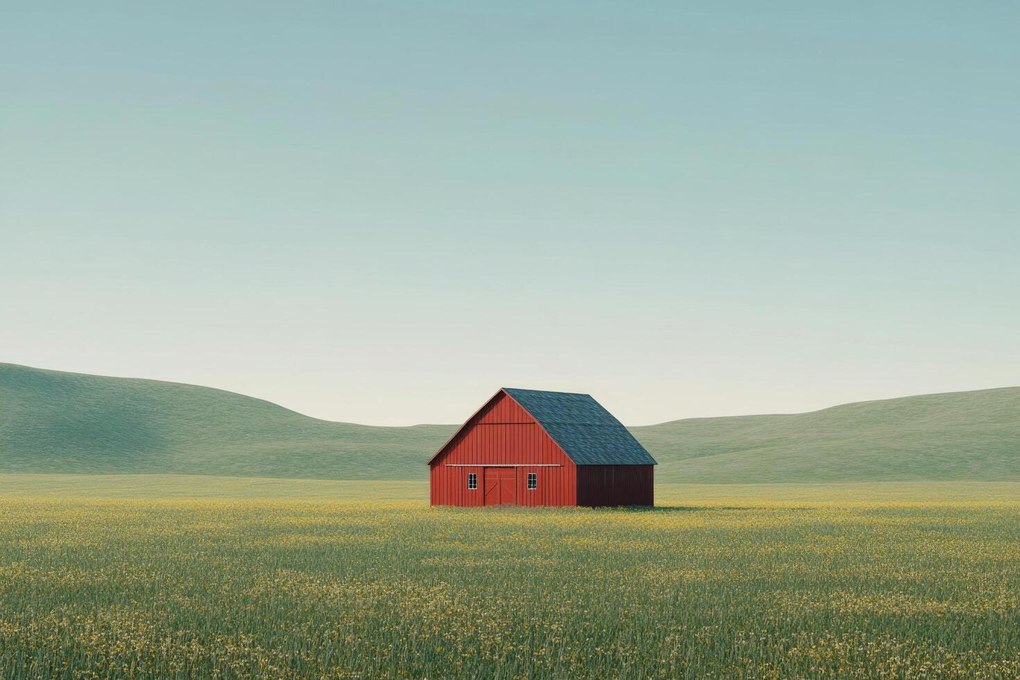 A red barn in a field with hills in the background photo