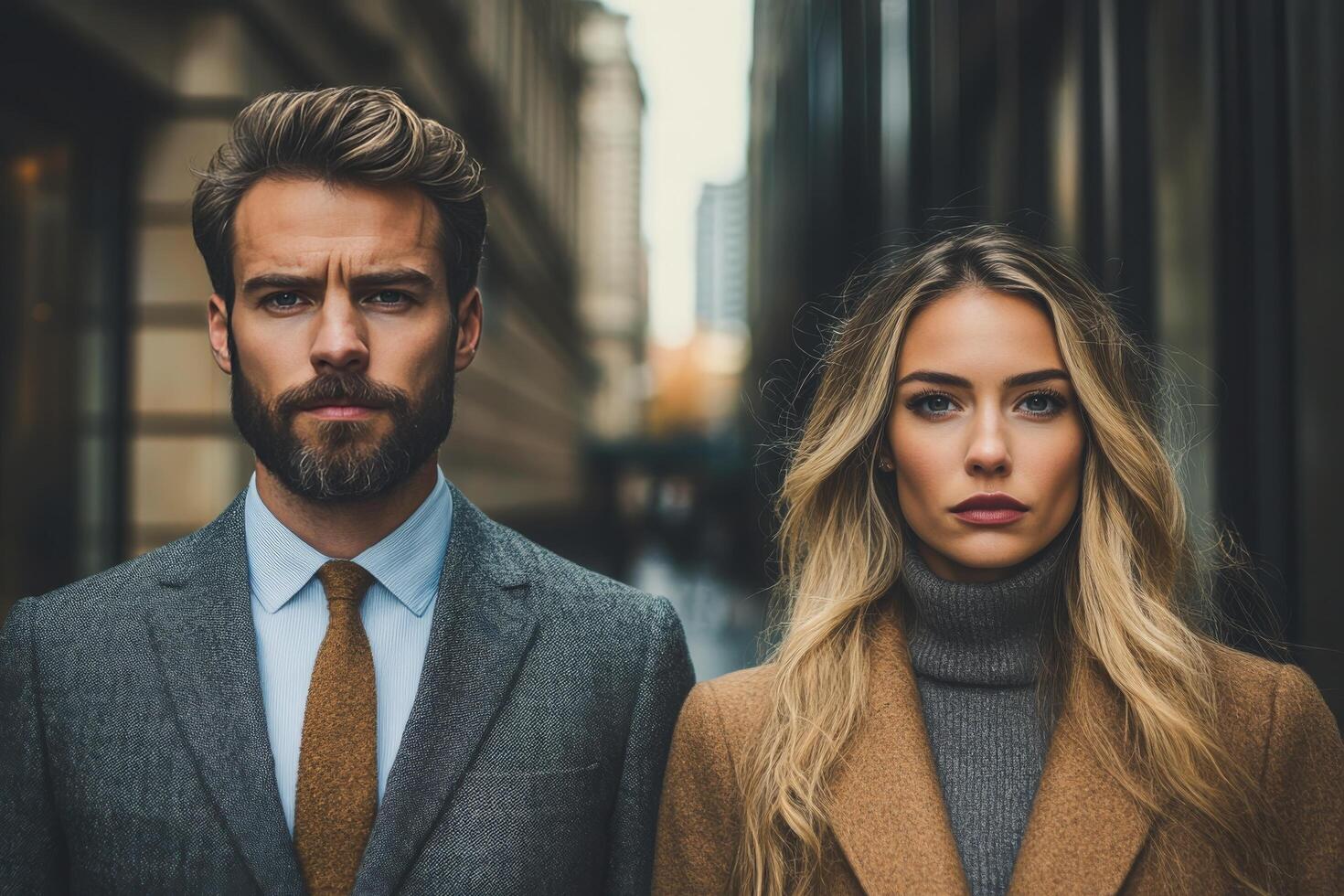 A man and woman in suits standing in the street photo