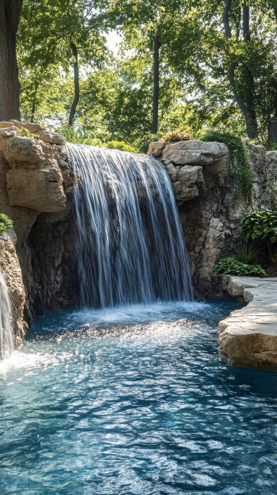 A waterfall in a backyard with a pool photo
