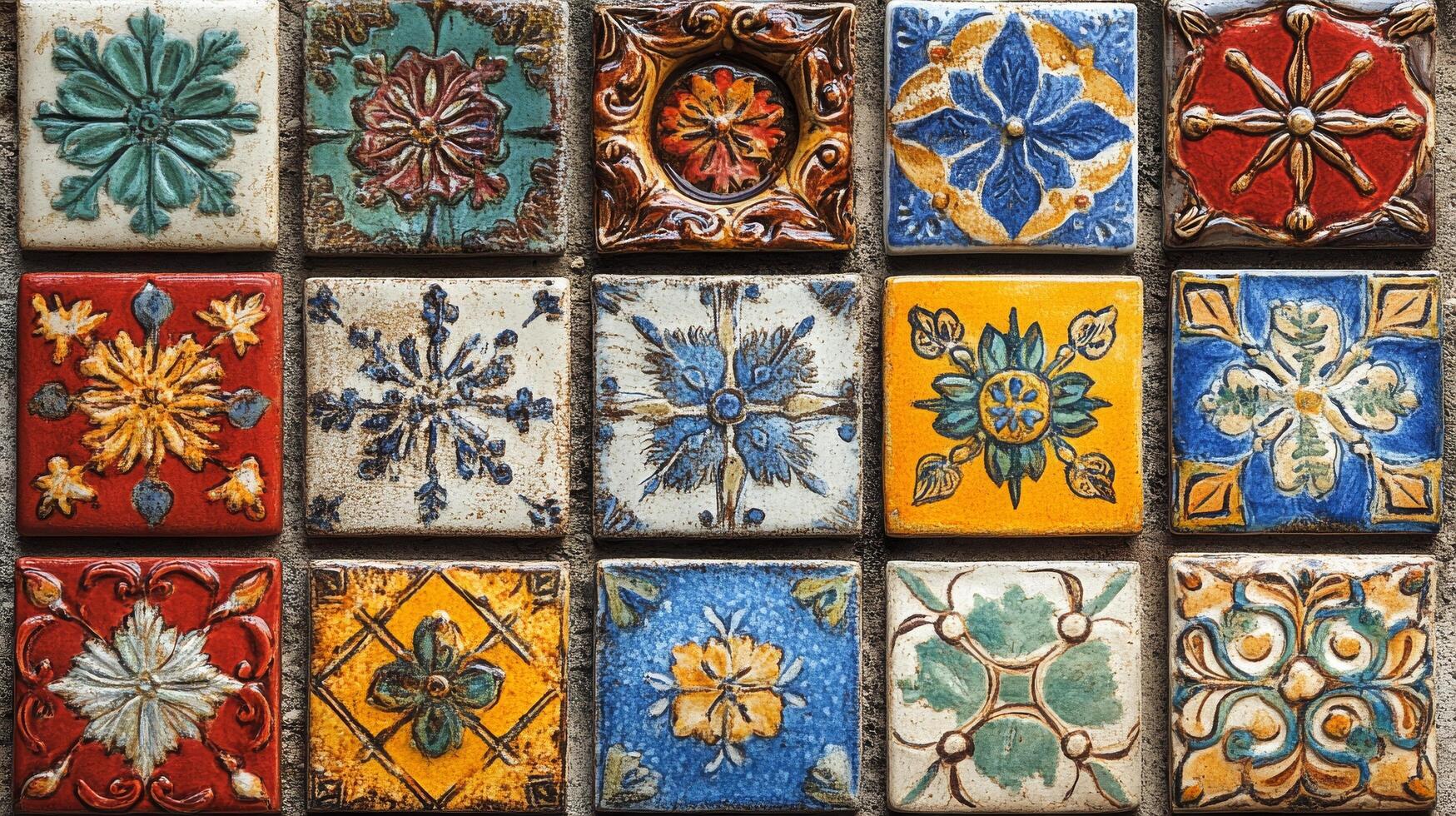 Colorful tile wall with decorative designs photo
