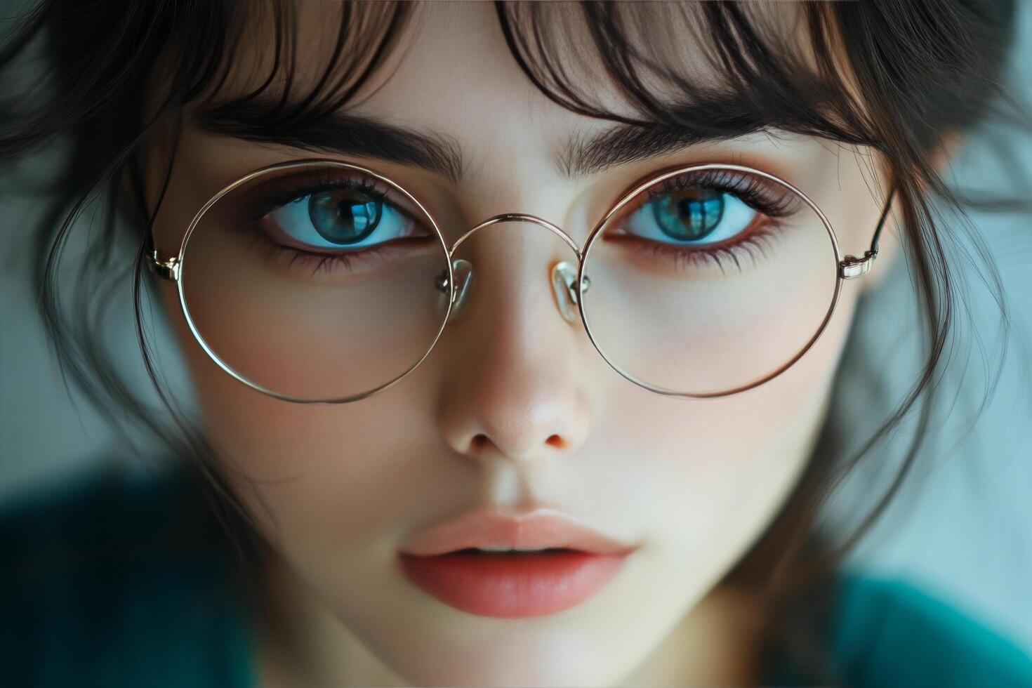 A woman with blue eyes wearing glasses photo