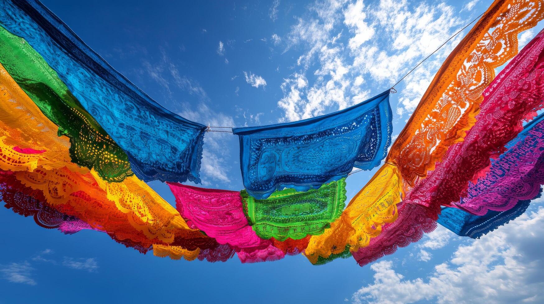 A colorful cloth hanging from a line photo