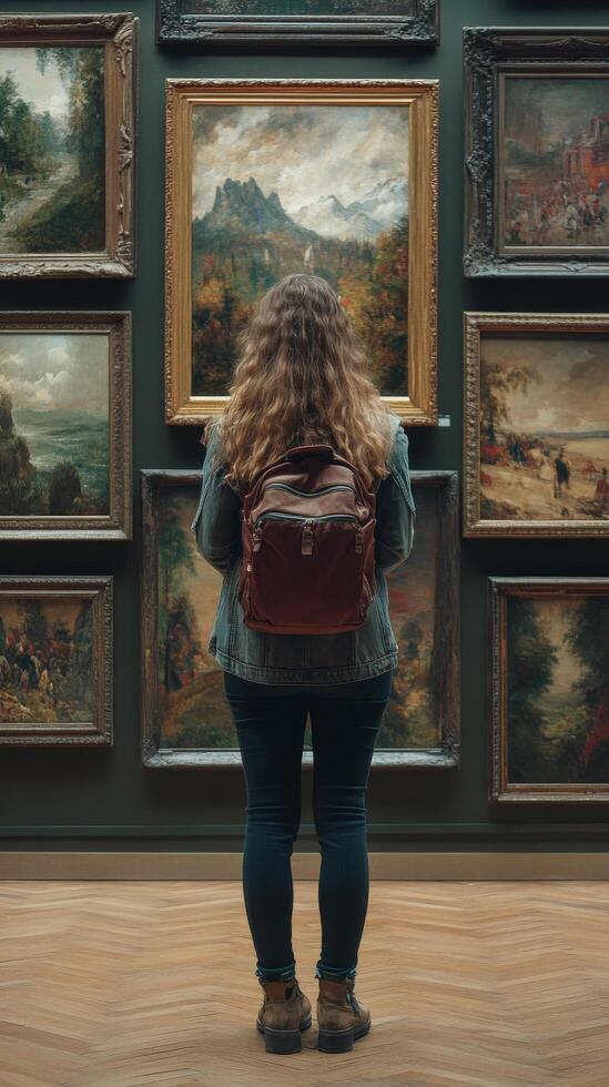 A woman with a backpack looking at paintings in an art gallery photo