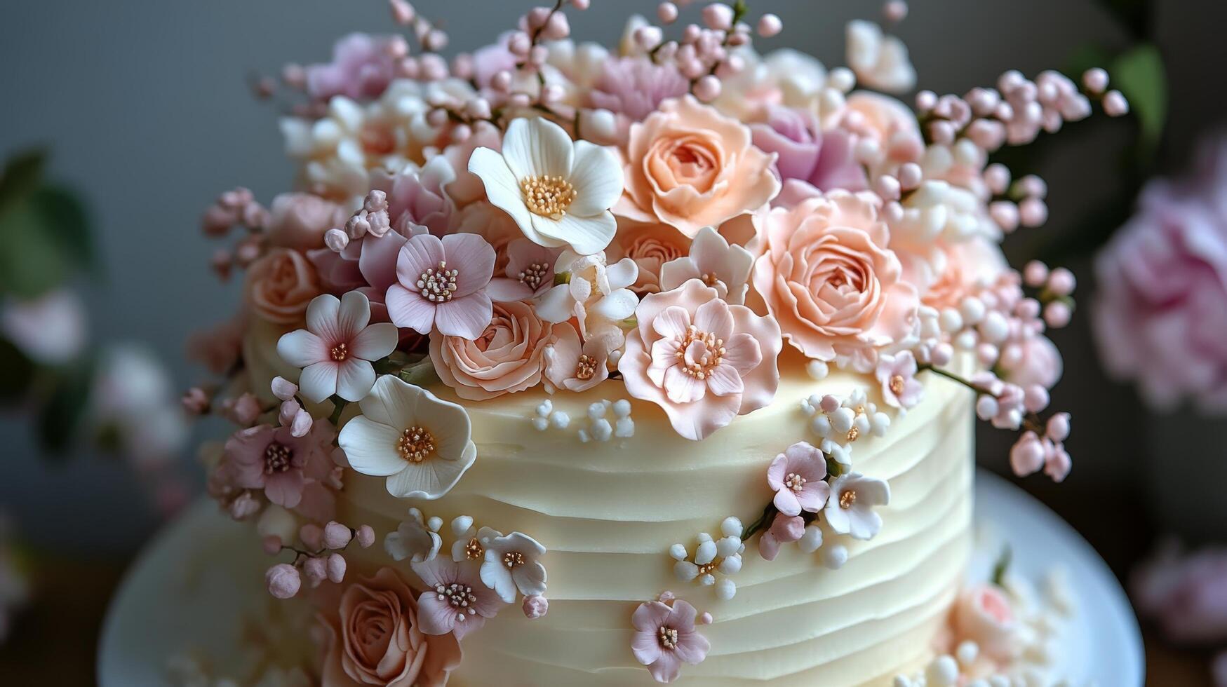 A white cake with pink and white flowers on top photo