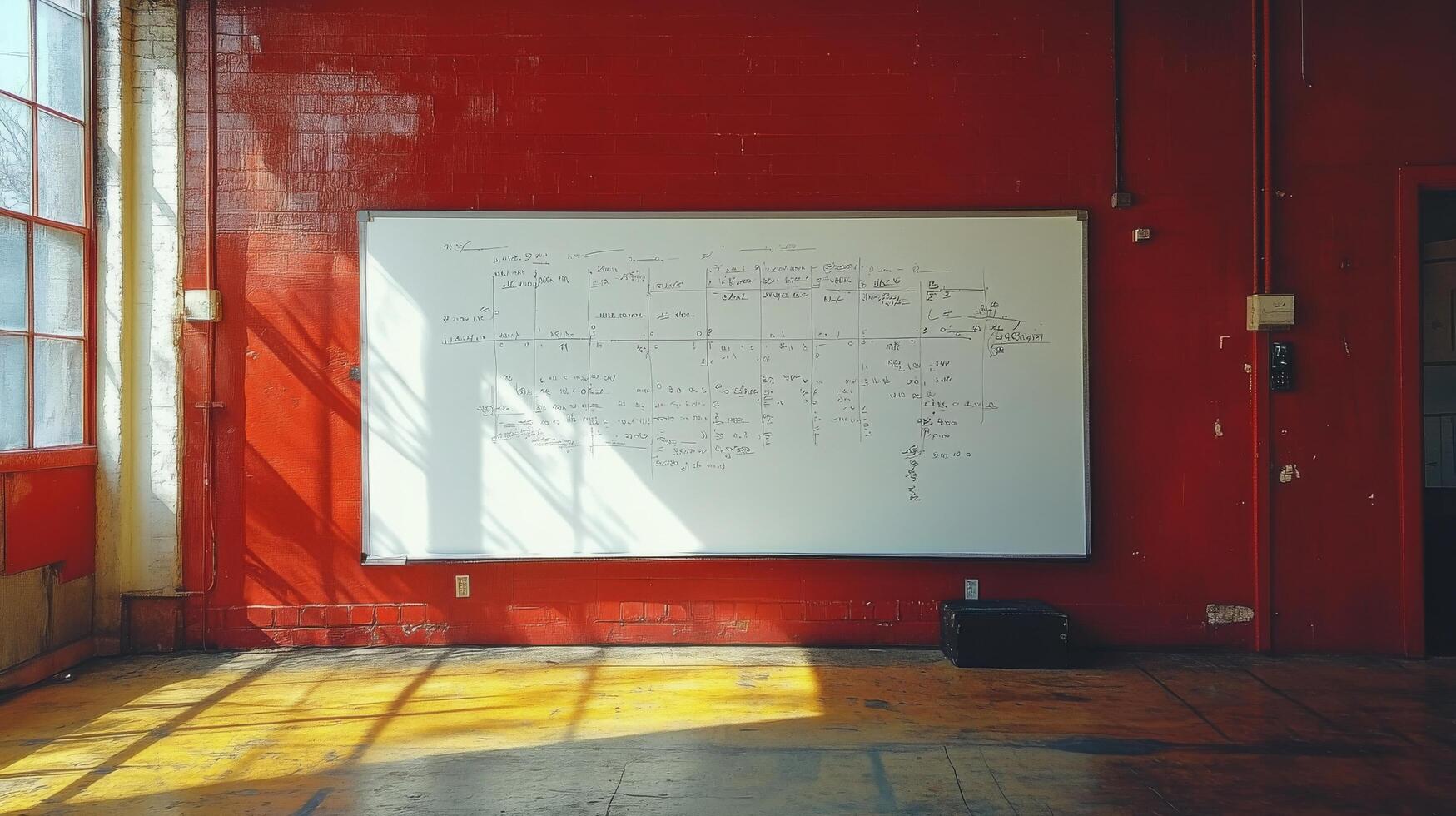 A whiteboard in a red room with a window photo