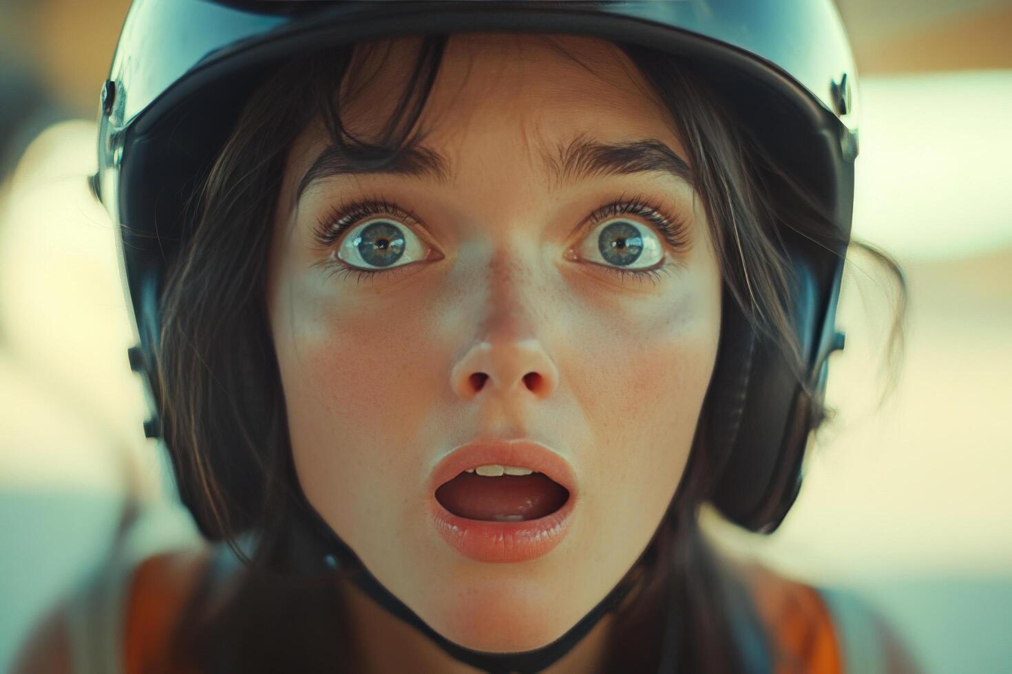 A woman wearing a helmet with a surprised expression photo