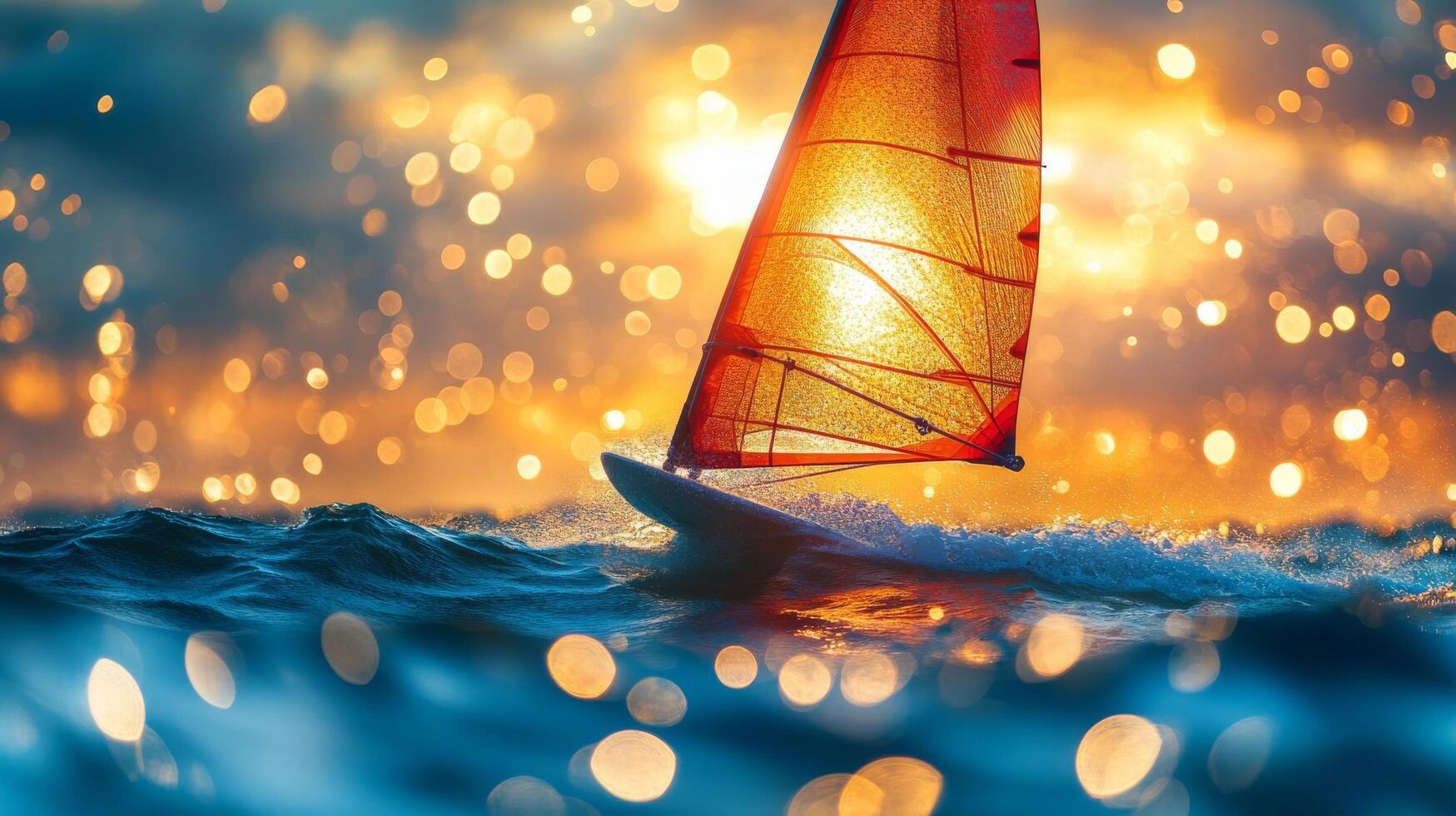 A sailboat is sailing in the ocean at sunset photo