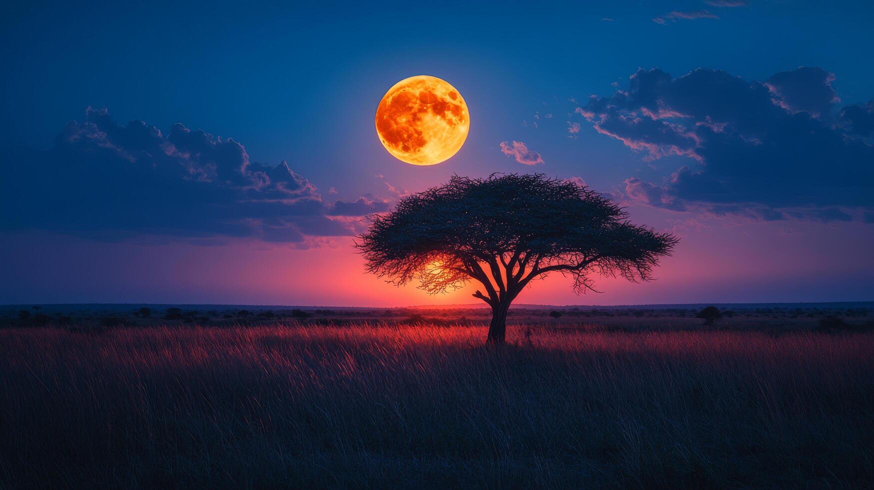 A full moon rising over a tree in the middle of a field photo