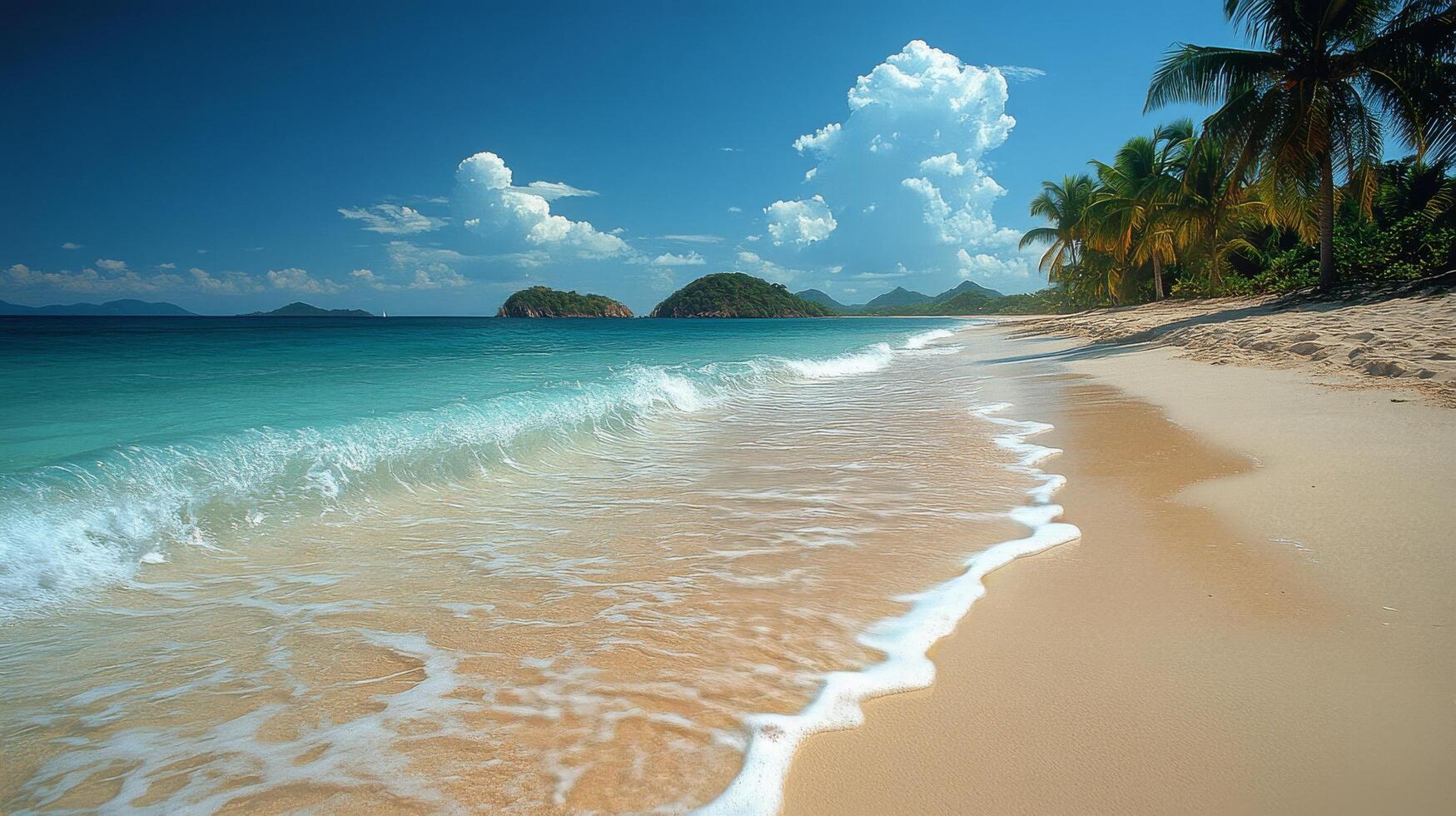 A sandy beach with waves and palm trees photo
