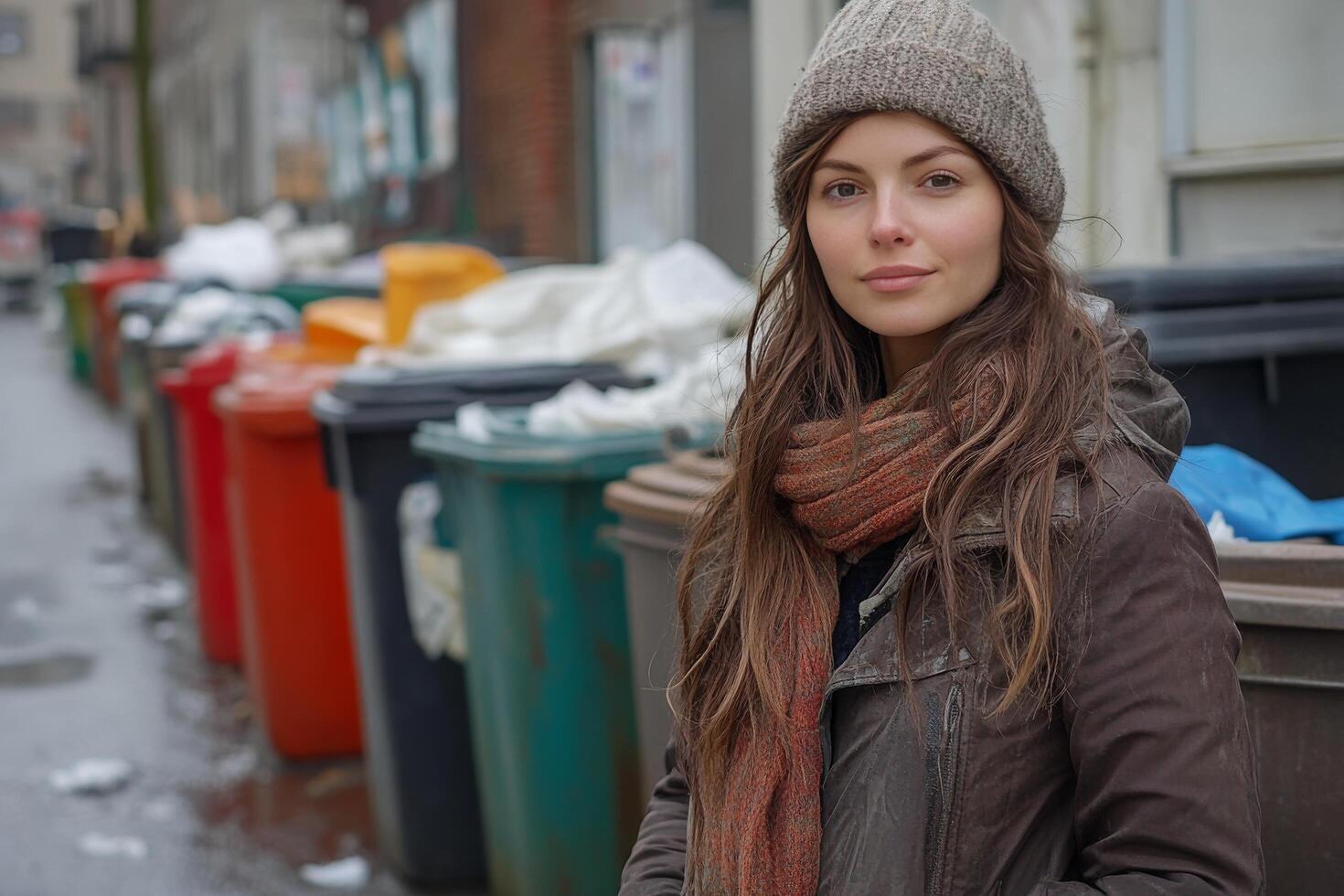 A woman in a winter hat and coat standing in front of trash cans photo