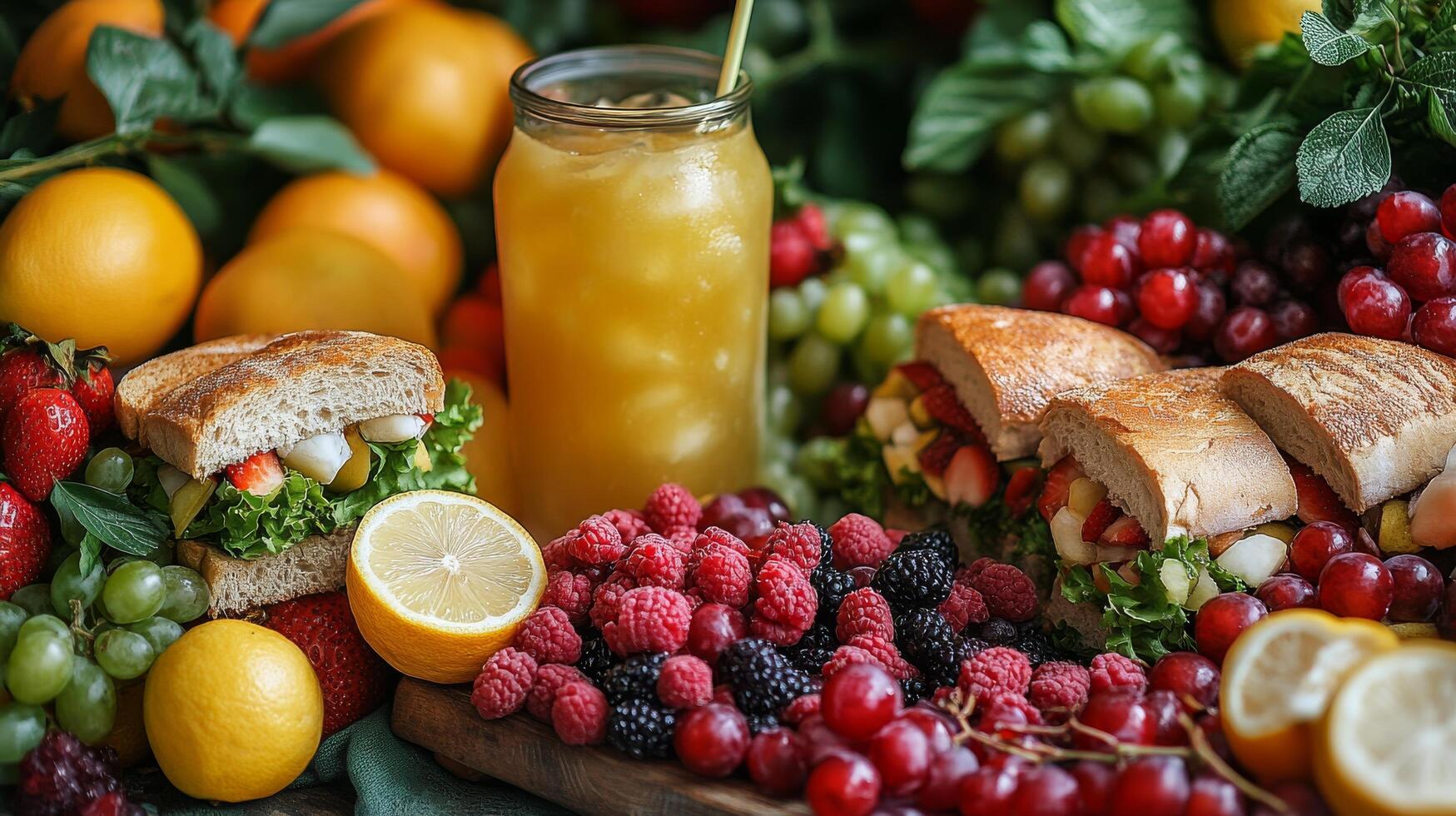 A table with sandwiches, fruit and juice photo