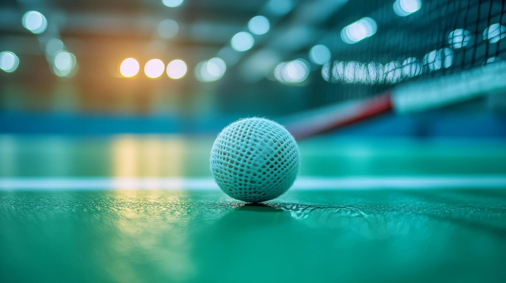 A tennis ball sits on the court in front of a net photo