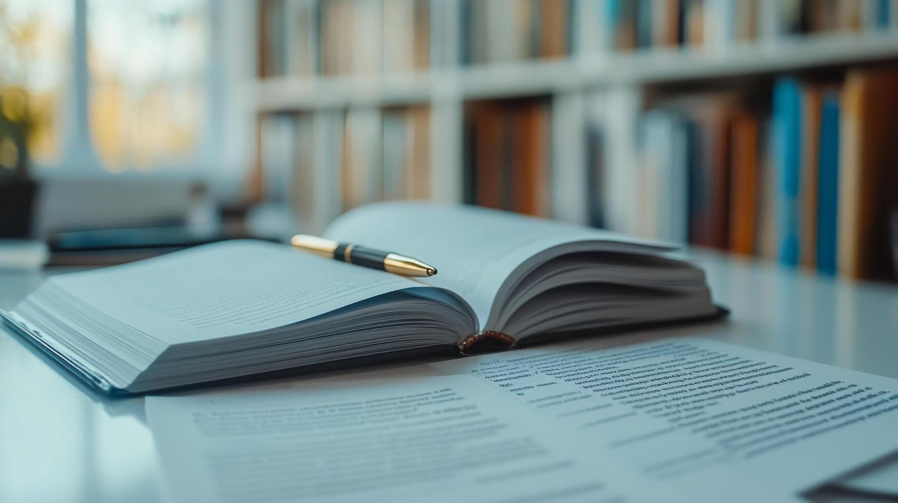 A pen and open book on a desk photo